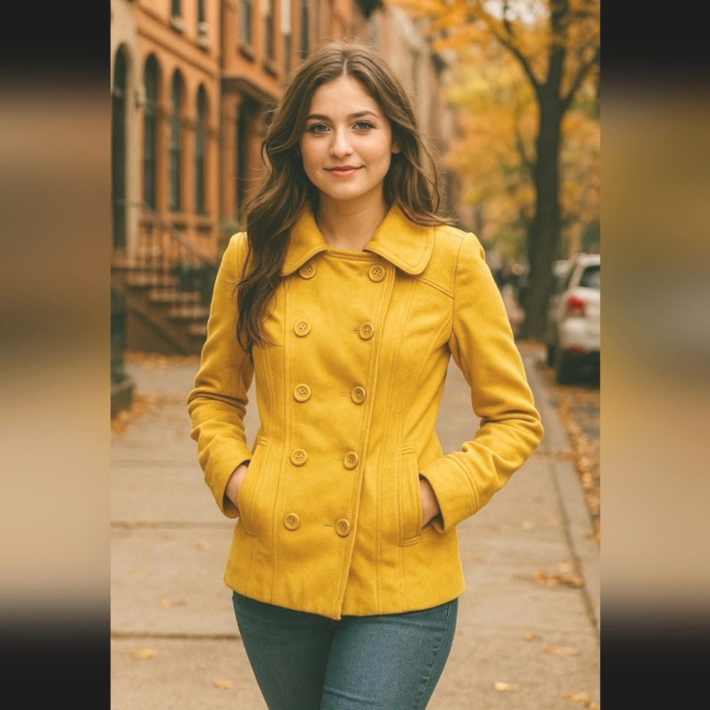 Urban Behavior Double-Breasted Peacoat Jacket Cotton Retro Yellow Size Medium